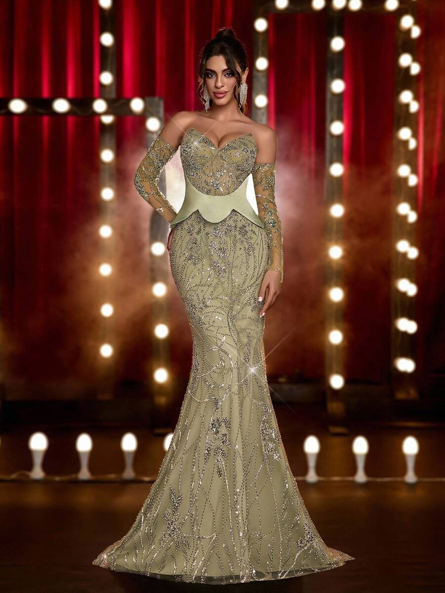 Glamrae Elegant Luxurious Green Off Shoulder Sheer Long Sleeve Mermaid Maxi Dress,Heavily Embellished Gown For Weddings,Parties,Galas,Formal Events