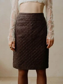 EMERY ROSE Chân váy ngắn H-Line bằng da chần bông cạp cao thanh lịch dành cho nữ, Thu/Đông - Màu Đỏ Sâu - Xem 6