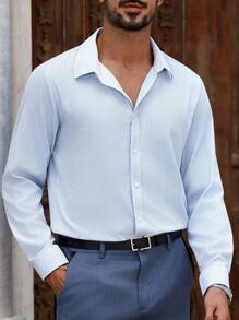 Manfinity Bizformal قميص رجالي بأكمام طويلة وأزرار أمامية واحدة، قميص كاجوال/عمل بفضفاضة، لون أزرق فاتح، قميص أزرق سماوي، قميص أزرق فاتح، قميص رسمي للرجال، قمصان كاجوال للعمل، للخريف - متعدد الألوان - مشاهدة 6