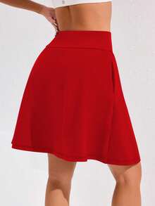 Easithlete 高腰运动裙带口袋，瑜伽跑步健身防擦伤裙 - 紅色 - 查看 2