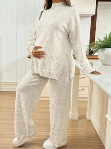 SHEIN 孕妇波点提花休闲立领侧开衩毛衣和针织裤套装，腰带可调节。秋冬女式毛衣秋季女装秋季毛衣孕妇毛衣两件套米色冬季孕妇休闲套装两件套孕妇套装孕妇毛衣套装舒适孕妇套装孕妇家居服 - 彩色 - 查看 5