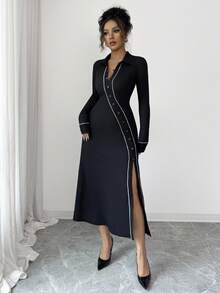 Chiquease Women's Elegant Black And White Asymmetrical Placket Knitted Shirt Collar Long Sleeve Fitted Split Hem Midi Dress For Autumn Office Wedding Guest - Black - View 5