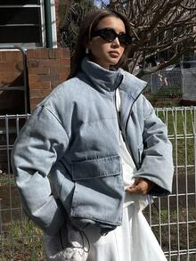 DAZY 女式冬季夹克，撞色领口袋牛仔棉服外套 - 水鴨藍 - 查看 3