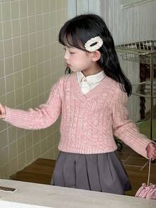 DAZY 女童V领套头毛衣，小女孩秋装 - 粉色 - 查看 6