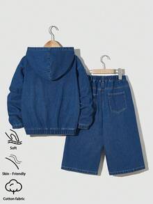 Bộ đồ denim 2 mảnh cho bé trai tuổi teen, giản dị, thoải mái, đa năng, giặt mềm, vừa vặn, áo hoodie và quần lửng cạp chun, phù hợp cho mùa xuân/thu - Rửa trung bình - Xem 2