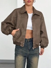 SHEIN EZwear Vintage Washed Snowflake Textured PU Leather Jacket, Autumn - Bronze - View 4