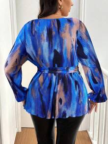 Vionelle Áo sơ mi tay dài nhuộm loang màu cỡ lớn, áo peplum thời trang mùa thu - Màu xanh lam - Xem 2