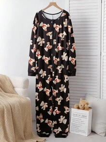 Men's Black Minimalist Cute Bear Pattern Long Sleeve Jumpsuit Loungewear Family Pajama Sets, Fall