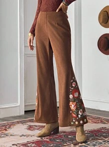 LanaWest Women's Western Casual Coffee Brown Embroidered Flare Pants, LanaWes Fall Cloth For Women