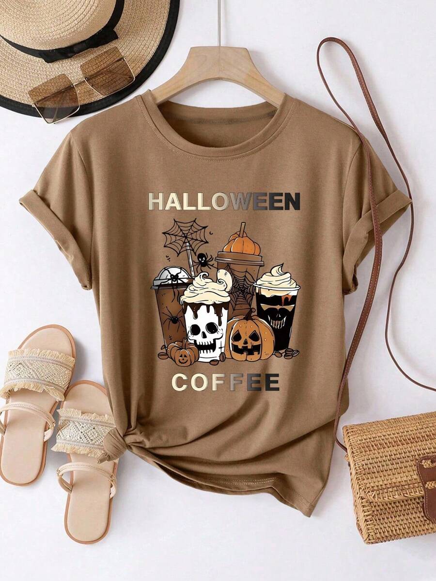 EMERY ROSE Áo thun cổ tròn tay ngắn in hình trái tim và cà phê thường ngày cỡ lớn dành cho nữ mùa hè - màu nâu - Xem 1