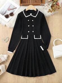 SHEIN Early Autumn New Arrival Sweet French Double-Breasted Dress, Fashionable Elegant Goddess Style Slim Fit School Girl Dress Fall Winter - Black - View 3