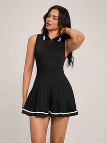 Hanevo 女式条纹褶边日常健身无袖运动连衣裙 - 黑色 - 查看 1