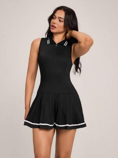 Hanevo Vestido deportivo sin mangas de entrenamiento diario con falda plisada a rayas para mujer