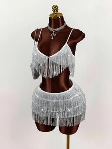 Amplova Silver Glitter Suspender Tassel Top And Shorts Set - Silver - View 3