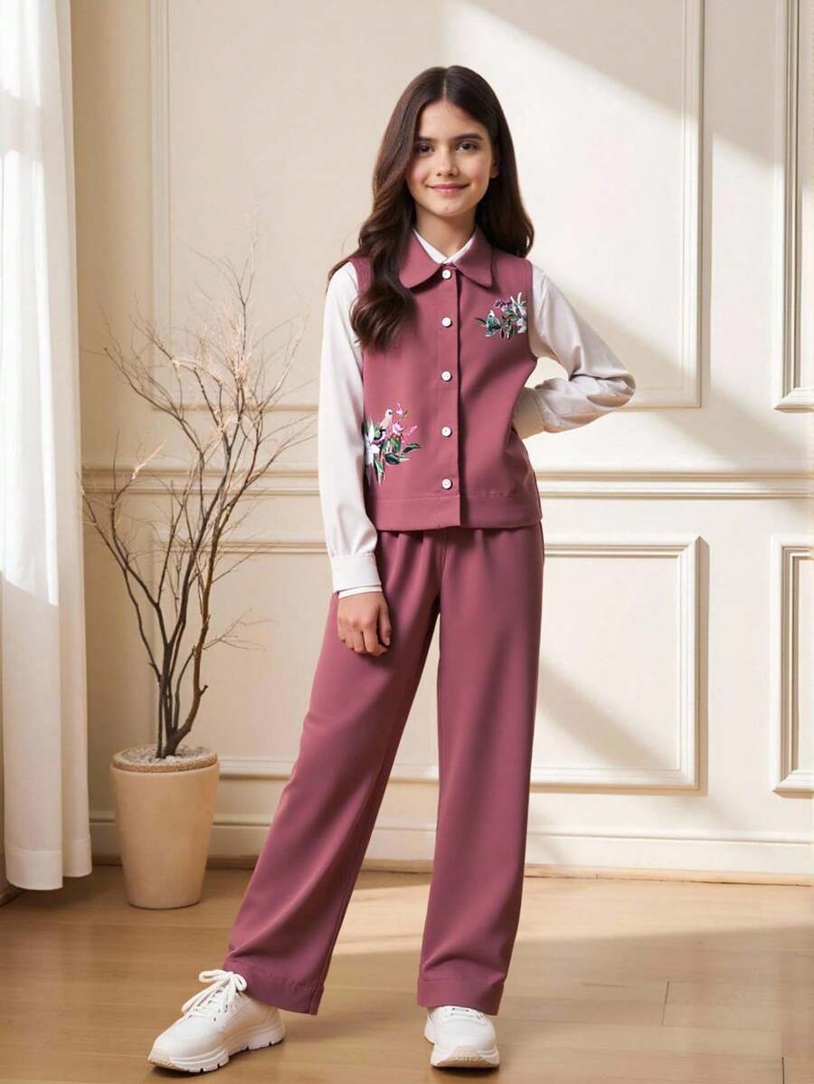 SHEIN 2Pcs/Set Tween GirlsApricot Sleeveless Printed Shirt + Wide-Leg Pants Suit, Comfortable Casual Vacation Outfits For Spring & Summer - Burgundy - View 1
