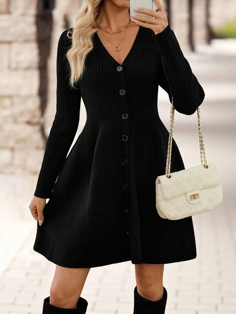 Women's Solid Color Long Sleeve V-Neck Single-Breasted Casual Knitted Dress Black Button Dress Long Sleeve Black Dress Black Knit Dress Fit And Flare Dress V-Neck Dress Winter Clothes For Women Winter Jacket Women Winter Clothes Women Fall Clothes For Women Winter Clothes For Women Autumn Clothes Winter Clothes Women Winter Tops Business Casual Woman Sweater Dresses