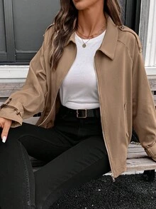 EMERY ROSE Women's Casual Fashion Street Style Raglan Sleeve Zip-Up Jacket, Spring/Autumn Fall - Brown - View 5