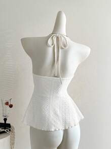 Sweetra 女士红色格子蕾丝拼接甜美细肩带吊带背心，适合海滩度假，春夏季 - 白色 - 查看 2