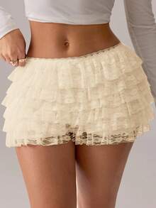 SHEIN SXY 闺房蕾丝分层荷叶边下摆低腰短裤，杏色 - 杏色 - 查看 3