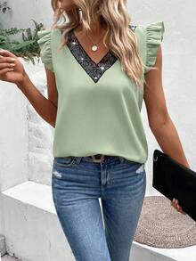 EMERY ROSE Women's V-Neck Sequin Ruffle Armhole Loose Blouse, Summer - Mint Green - View 1