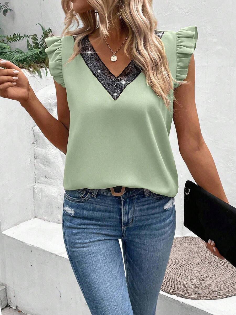 EMERY ROSE Women's V-Neck Sequin Ruffle Armhole Loose Blouse, Summer - Mint Green - View 1