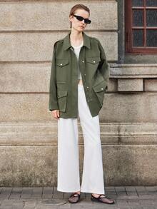 Lumivelle Business Casual Woman Fall Women Clothes Women's Solid Color Utility Pocket Drop Shoulder Cinched Waist Regular Jacket Casual Outfits Spring Clothes For University - Army Green - View 3