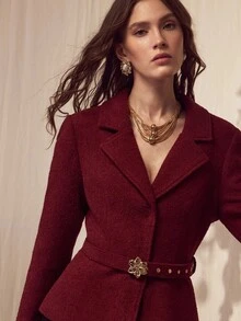 MOTF PREMIUM 粗花呢刺绣激光切割袖口系腰带西装外套 - 鏽棕色 - 查看 2