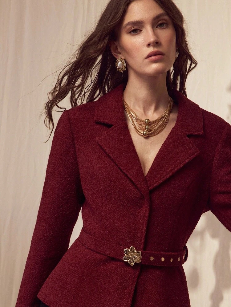 TWEED EMBROIDERY LASER CUT CUFF BELTED BLAZER