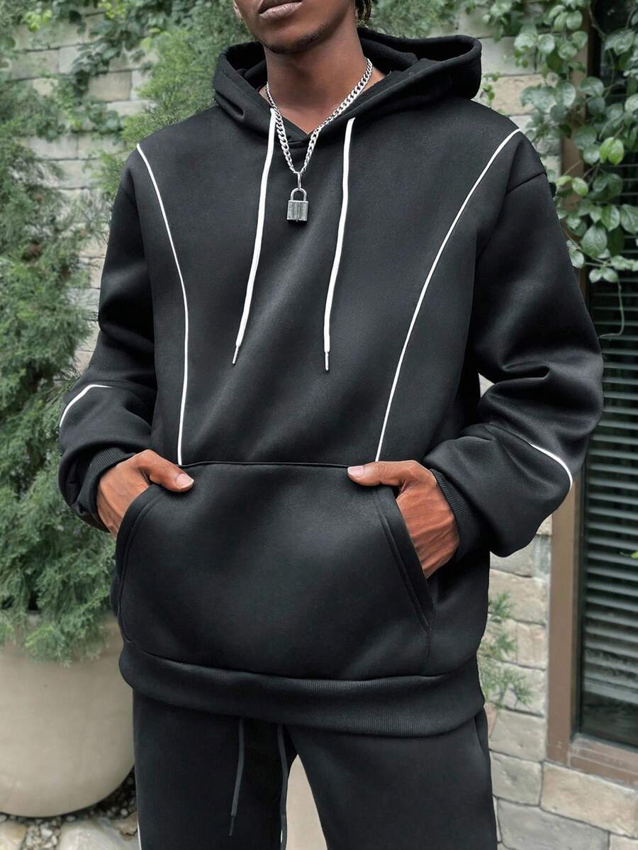 Manfinity Roghcode 男士撞色边饰连帽衫和裤子套装 - 黑色 - 查看 1