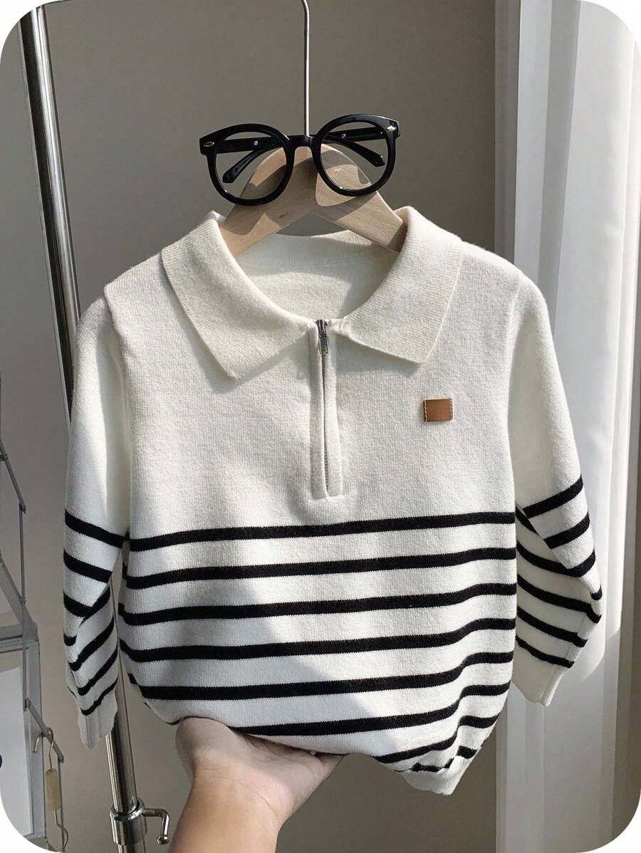 SHEIN 1 件年轻男孩休闲学院风舒适时尚简约实用百搭半开襟管翻领条纹柔软舒适厚实保暖毛衣适合户外玩耍适合儿童装学校返校男童套装男童装日常适合上学适合旅行适合运动适合春秋冬季