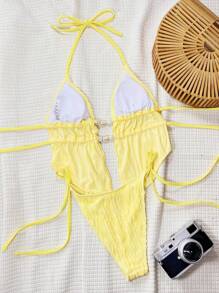 Bonvoyette 女士夏季纯色提花面料吊带露背三角抽绳吊带性感可爱女孩沙滩比基尼套装，女士分体泳衣 - 黃色 - 查看 3