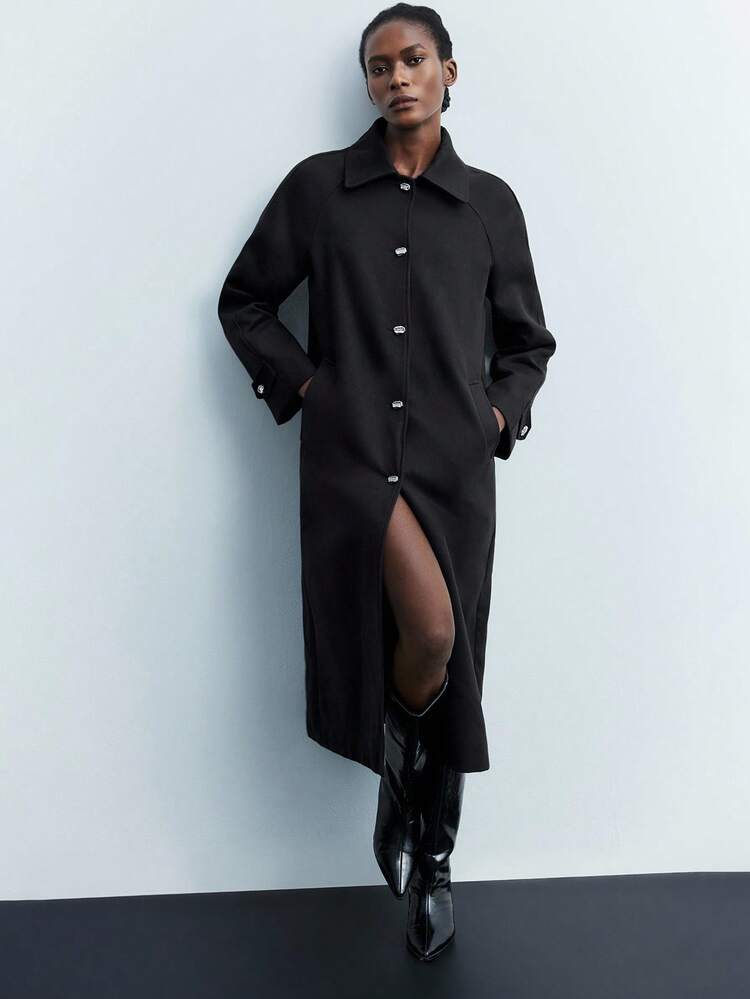 SHEIN Maija Women's  Elegant Solid Color Single-Breasted Overcoat Black Coat Winter Clothes