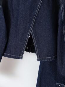 SHEIN 2pcs/Set Teen Girl Navy Blue Denim Lapel Long Sleeve Cropped Jacket & Pleated Wide Leg Pants,Korean Style Denim Set, Two Piece Denim Set, Wide Leg Jeans Kids Jean 2 Piece Set Fall Winter