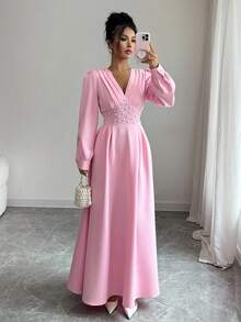 Elenzga Robe élégante à manches longues, col en V, manches bouffantes et perles, couleur unie pour femmes