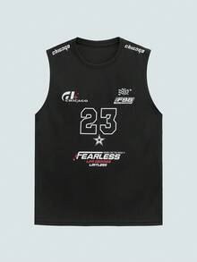 MODCRASH 男士 23 号图案圆领休闲日常背心，春夏款 - 黑色 - 查看 1