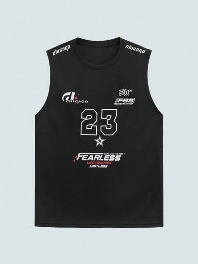  MODCRASH 男士 23 号图案圆领休闲日常背心，春夏款