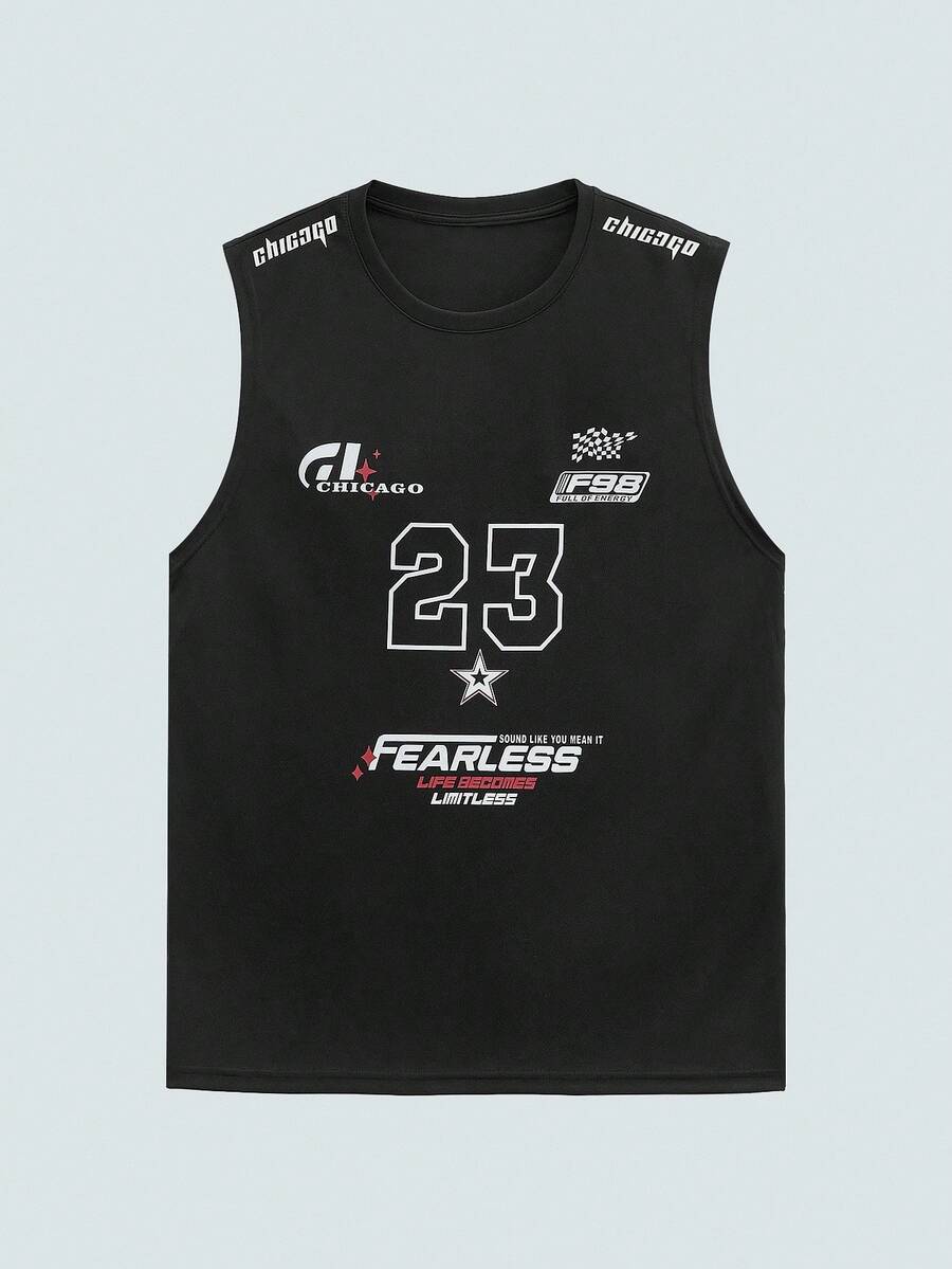 MODCRASH 男士 23 号图案圆领休闲日常背心，春夏款 - 黑色 - 查看 1