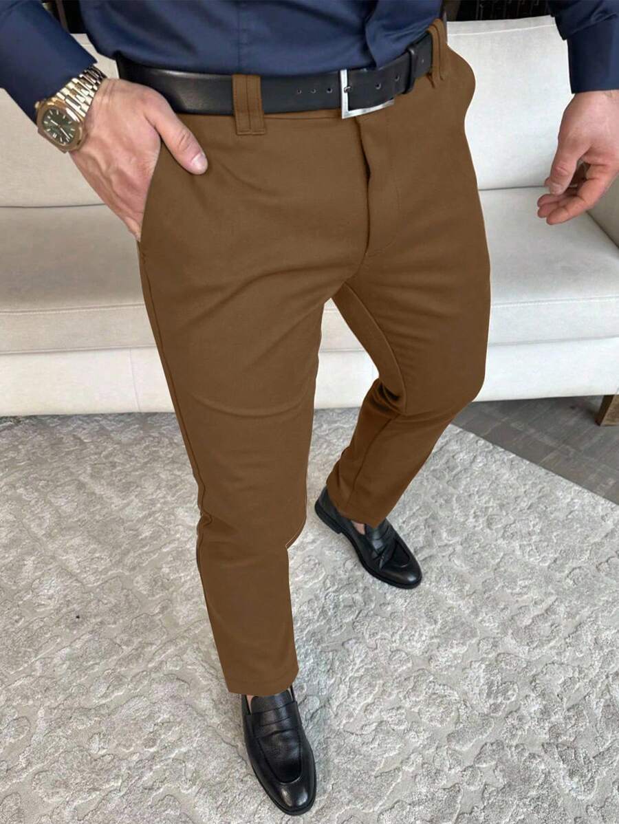 Manfinity Mode 男士斜口袋西裝褲不附腰帶 - 棕色 - 查看 1