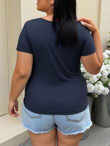 INAWLY Áo thun ren trơn màu giản dị cỡ lớn mùa hè - Màu xanh hải quân - Xem 2