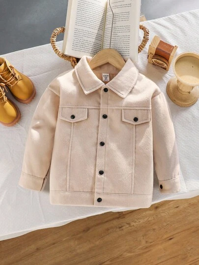 Genkimix Kids 1pc Young Boy Casual Button Front Drop Shoulder Long Sleeve Woolen Jacket, Autumn/Winter New Arrival, Suitable For Daily Wear, Outdoor, Campus And More Fall