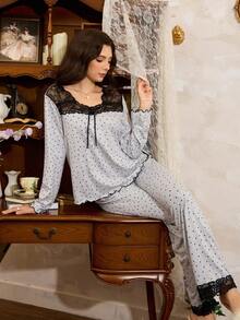 Côtesoire Cute & Playful Asymmetrical Polka Dot French Lace Patchwork Gray Soft & Skin-Friendly Knitted Milk Silk Women Long Sleeve Pajama Set, Fall Winter Clothes - Light Grey - View 3