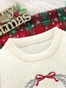 1 Stück Elfenbein Kleinkind Weihnachts-Atmosphäre Pullover, Rundhals Pullover Langarm, Schleife, Blumenkranz & Buchstaben Stickerei, modischer Strick-Top - Weiss - Übersicht 3