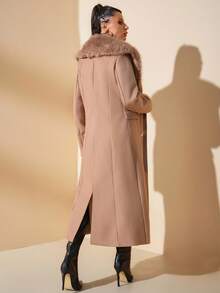 SHEIN Cottnline معطف طويل بياقة من الفرو الصناعي وجيوب وأزرار، معطف شتوي فاخر أنيق بصفين من الأزرار على الطراز الفرنسي الكلاسيكي - بيج - مشاهدة 3
