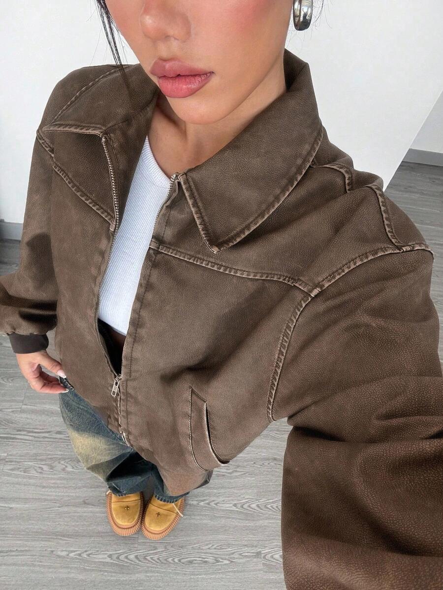 SHEIN EZwear Vintage Washed Snowflake Textured PU Leather Jacket, Autumn - Bronze - View 1