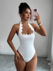 Gloray Bộ đồ liền thân hở lưng màu đen viền bèo nhún gợi cảm dành cho nữ, ôm vừa vặn - trắng - Xem 3
