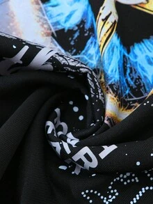 ROMWE MEN Street Life Men Black Oversized Long T-Shirt With Eye Cross Flame & Round Rhinestone Pattern, Streetwear For Casual Daily Wear, Fall - Black - View 5