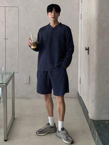 DAZY 条纹纹理面料半拉链T恤，街头风男士T恤套装，秋季商务装 - 彩色 - 查看 6