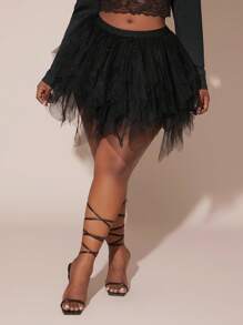 SHEIN SXY Plus Size Women Multi-Layered Ruffle Tulle Skirt, Black Mesh Skirt, Suitable For Date Night, Birthday, Bachelorette Party, Cute, Casual, Shopping, Streetwear, Going Out, Flirty, Easy To Match & Looks Slim, Accentuates Your Body, Flatters The Figure
