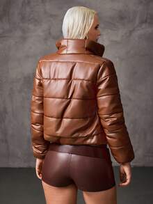 Giacca imbottita in pelle sintetica color cammello da donna - Cappotto trapuntato con chiusura lampo e anello, abbigliamento invernale in ecopelle