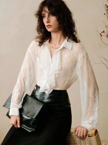 Arave Women's Loose Dropped Shoulder Lace Fabric Shirt Collar Placket Frill Decoration Autumn And Winter Inner Wear Retro French Elegant Romantic Date Long-Sleeved Shirt Fall Clothes For Women Fall Tops Classy Outfits For Women
